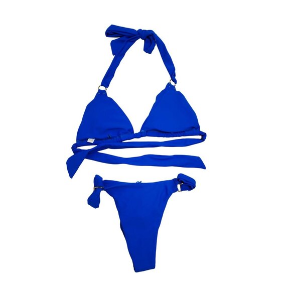 Blue Triangle Bikini Set With Adjustable Halter Neck & Side Tie Bottoms Size S - Picture 5 of 5
